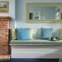 Seating area by fireplace